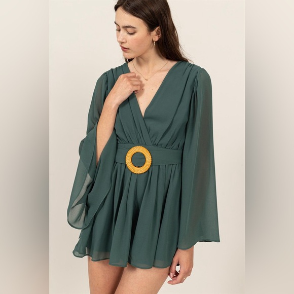 36B. Plunging Neck Line Bell Sleeve Romper - Green - Picture 2 of 5